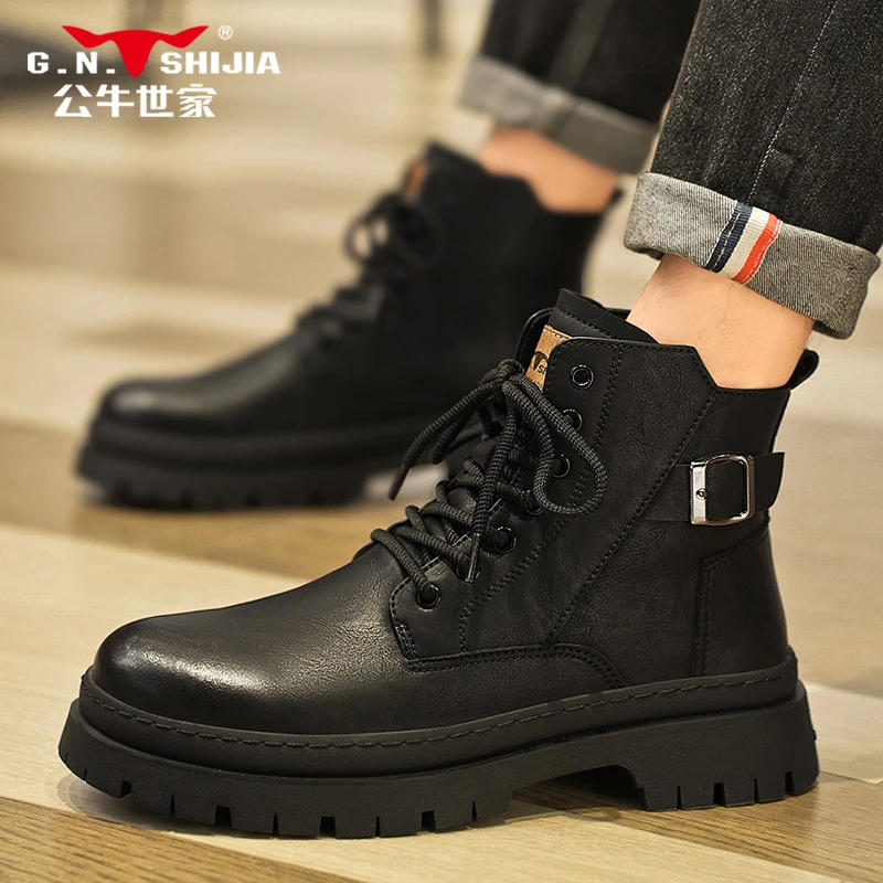 公牛世家马丁靴男秋季新款英伦风工装皮鞋男士复古帅气黑色机车靴