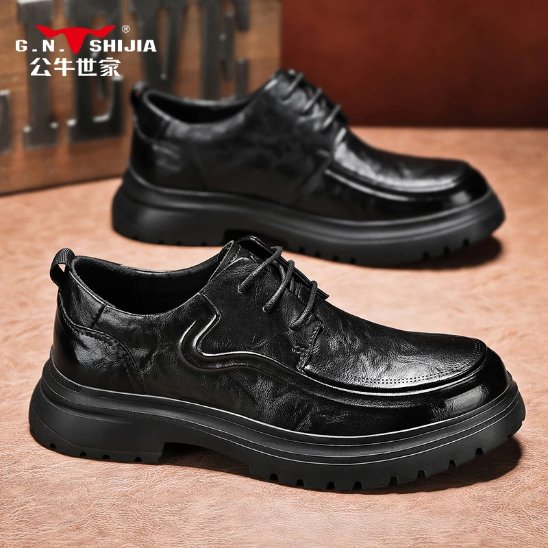 公牛世家男鞋秋季商务正装德比鞋男士时尚厚底增高休闲男皮鞋百搭