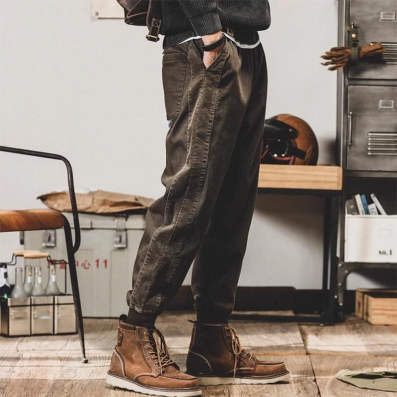 重磅宽松男秋季潮牌潮流加绒裤子男秋冬款束脚哈伦裤男美式牛仔裤