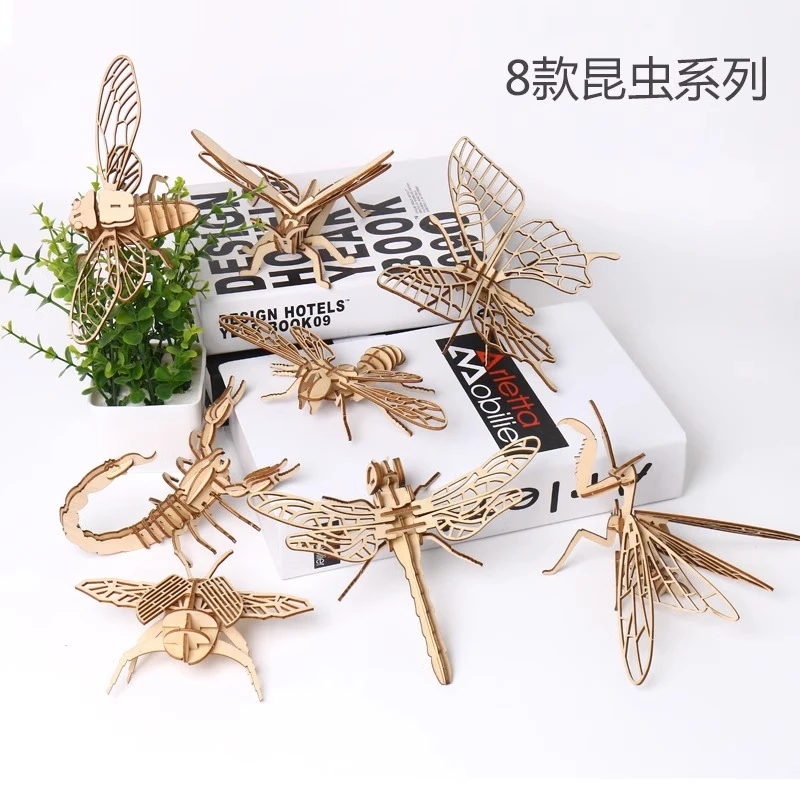 昆虫拼装木质模型3d立体拼图3-6-9岁儿童手工diy益智涂色积木玩具