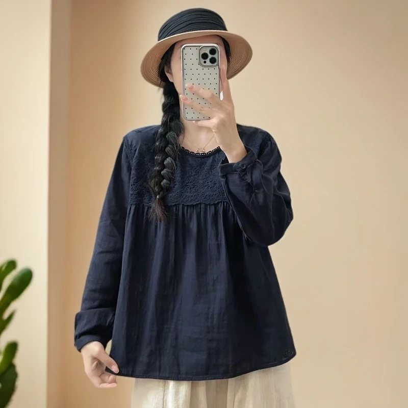 【YOU米】拼接蕾丝长袖衬衫打底宽松休闲