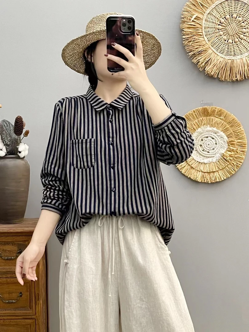 【YOU米】竖条纹双层棉纱翻领长袖衬衫922休闲百搭时尚衬衣