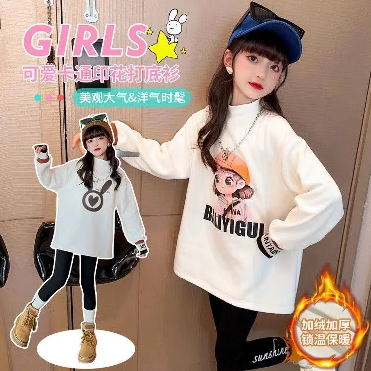 女童2024新款秋冬加绒百搭打底衫儿童时髦卡通保暖印花加绒打底衫