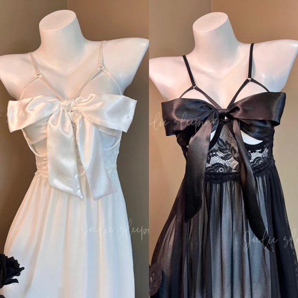 大码蝴蝶结性感睡衣纱裙缎面系带可调节露背诱惑情调睡裙轻奢纯欲