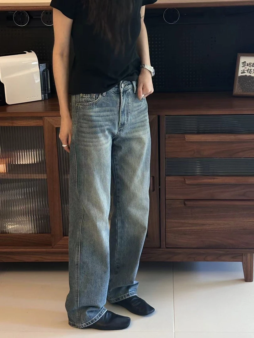 DANNIFENG新款港风复古百搭省钱风直筒牛仔裤50614