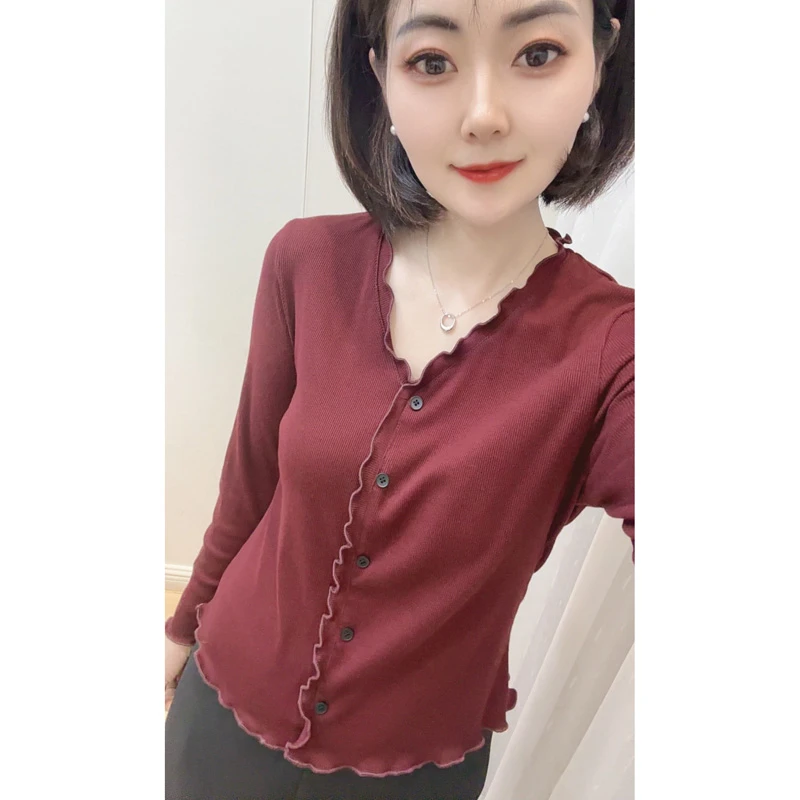 荷叶边长袖V领T恤2371