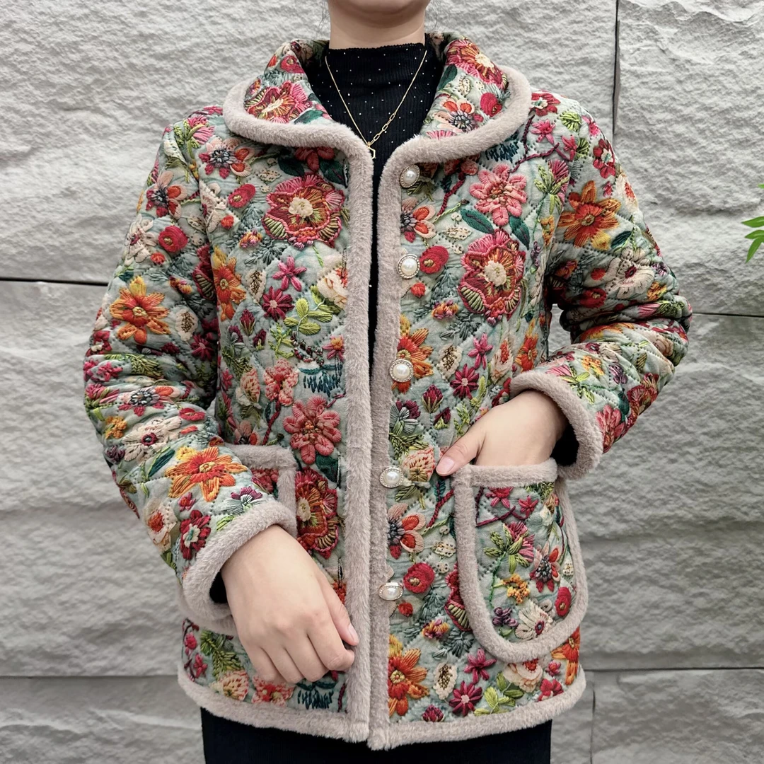 外套女装网红时尚棉服加厚盘扣棉衣妈妈装短款国风加绒印花民族风