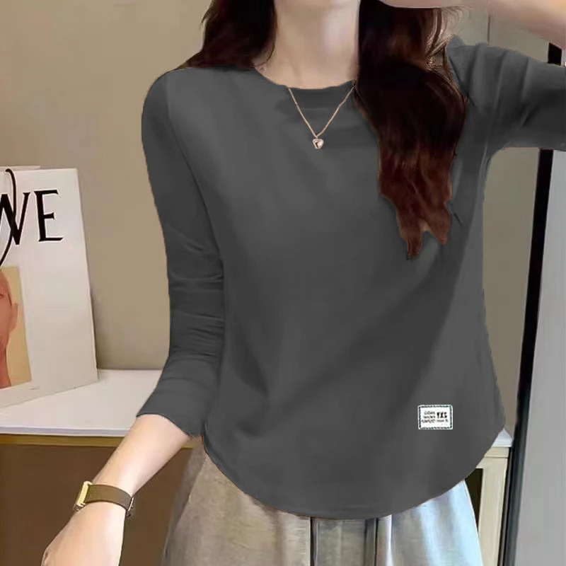 纯棉时尚圆领长袖t恤女春秋宽松大码显瘦胖mm休闲百搭打底衫上衣