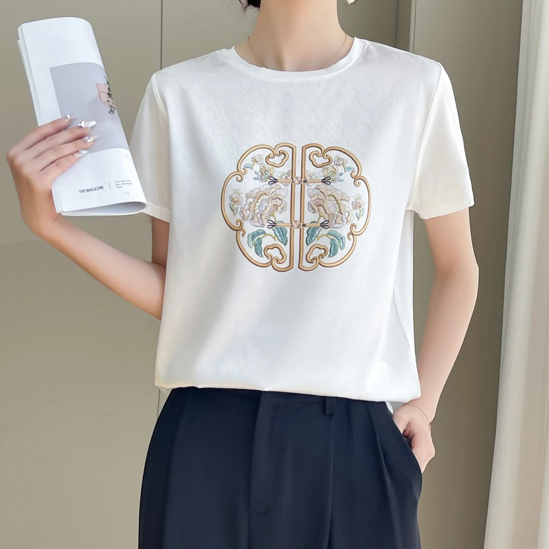1000夏丝滑缎面冰凉感百搭时尚设计休闲女半袖T恤洋气AB拼接短袖