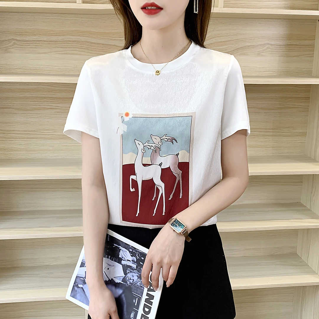 1245夏滑缎面冰凉感百搭时尚印花休闲女半袖T恤洋气AB拼接短袖