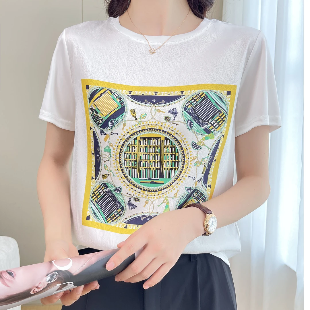 1355夏丝滑缎面冰凉感百搭时尚设计休闲女半袖T恤洋气AB拼接短袖