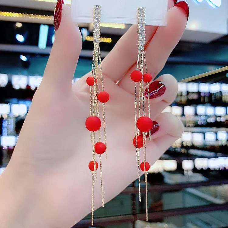 铜合金耳饰 长款银针珠珠流苏红色耳环女长款新款韩国气质耳坠