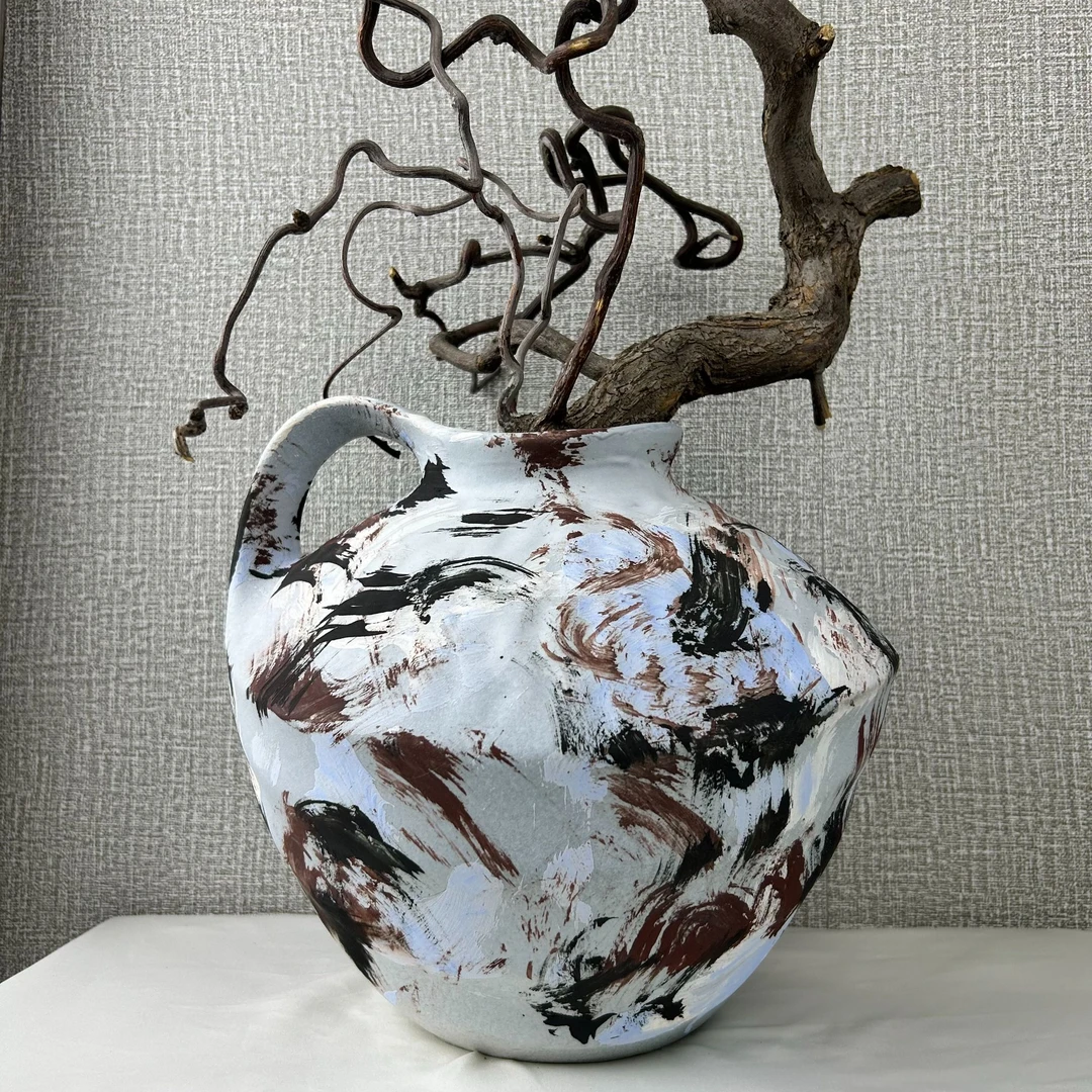 景德镇高温诧寂油画单耳花瓶泼墨进口花桌面玄关柜子装饰花瓶摆件