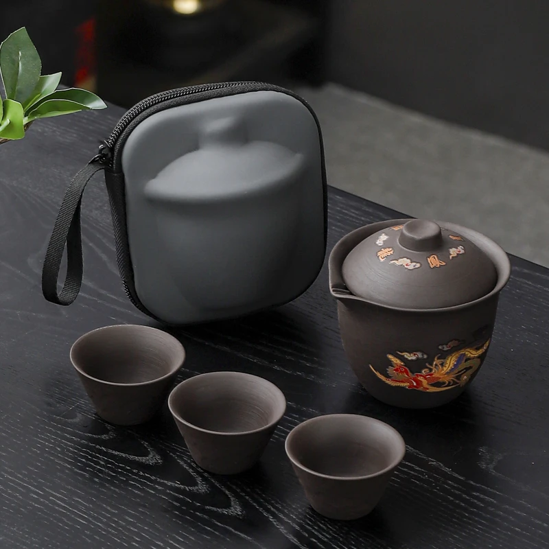 【遇热变色】紫砂龙凤呈祥新款快客杯一壶三杯旅行茶具便携功夫茶具