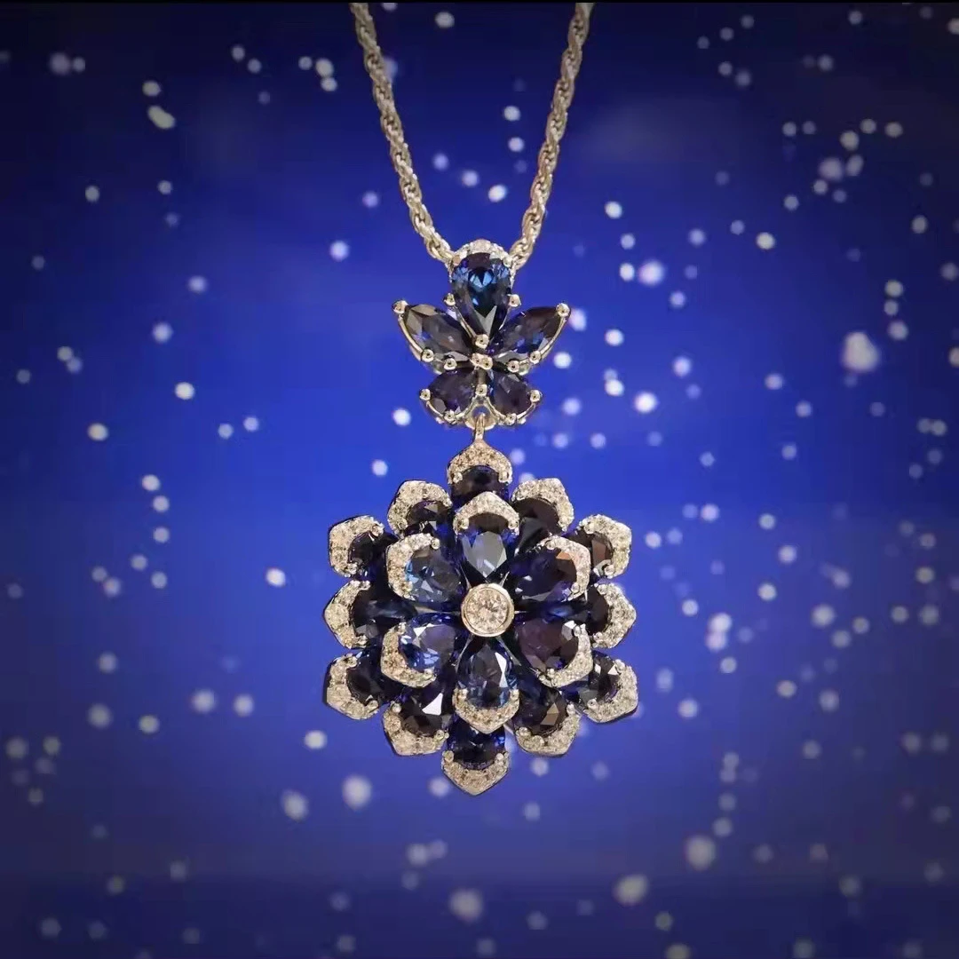 铜合金合成锆石项链 蓝色山茶花设计款项链-D216/1097