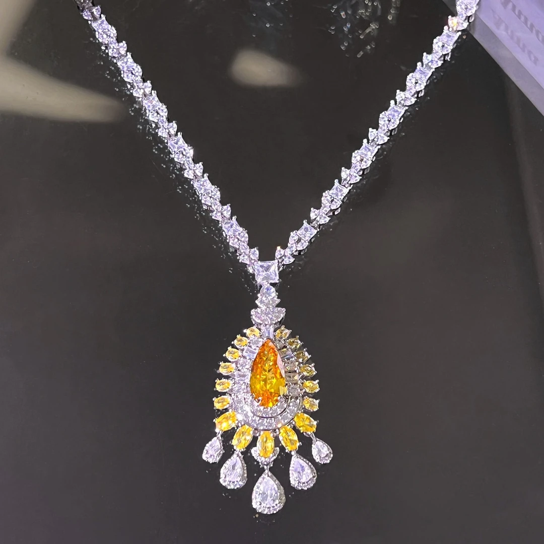 铜合金合成锆石项链 欧美重工优雅奢华黄色水滴项链PRA556-2150