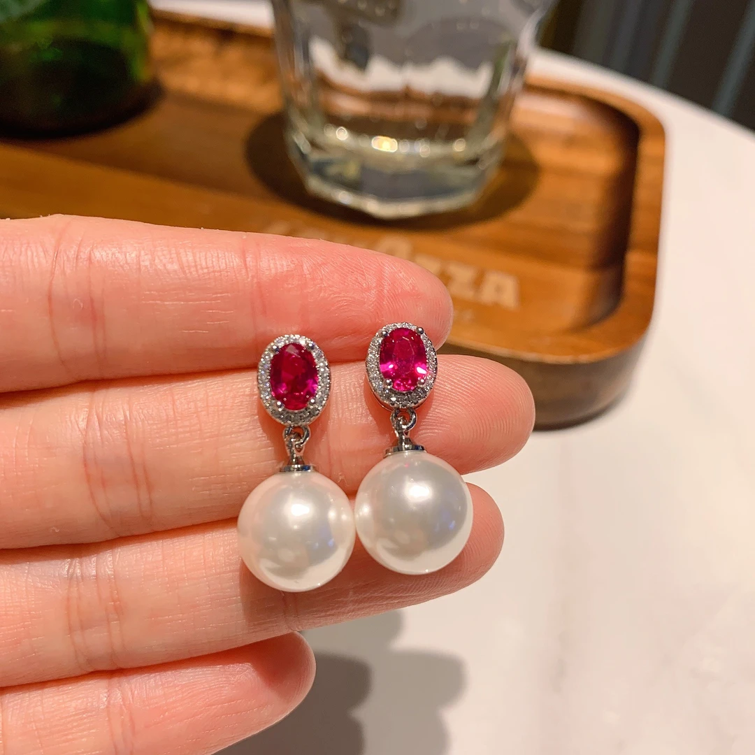 铜合金仿珍珠耳饰 耳饰 新款玫红色珠珠耳钉-Y155/1245