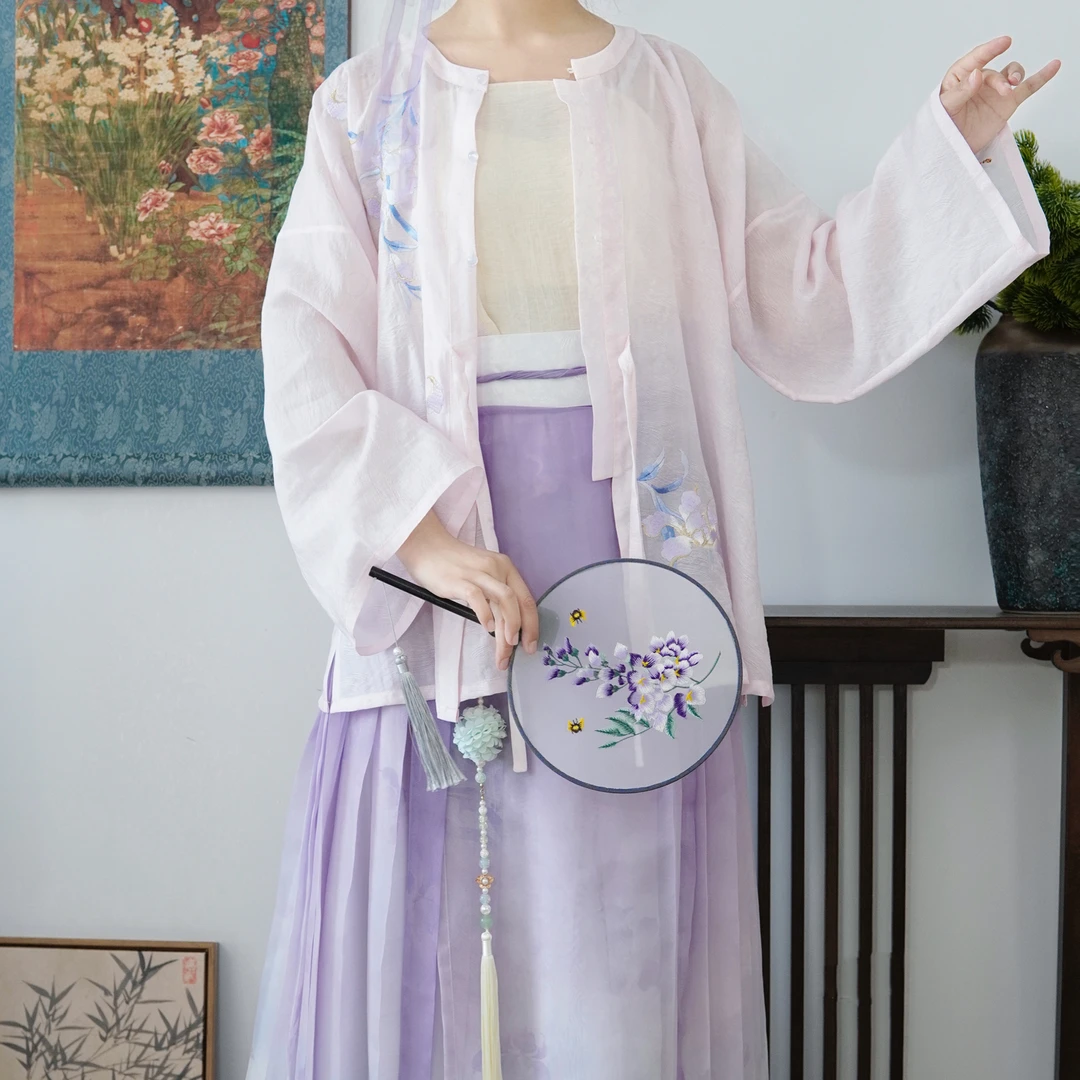 【四时云杪】2024夏季清新轻薄天丝鸢尾绣花圆领衫紫色百迭裙渐变