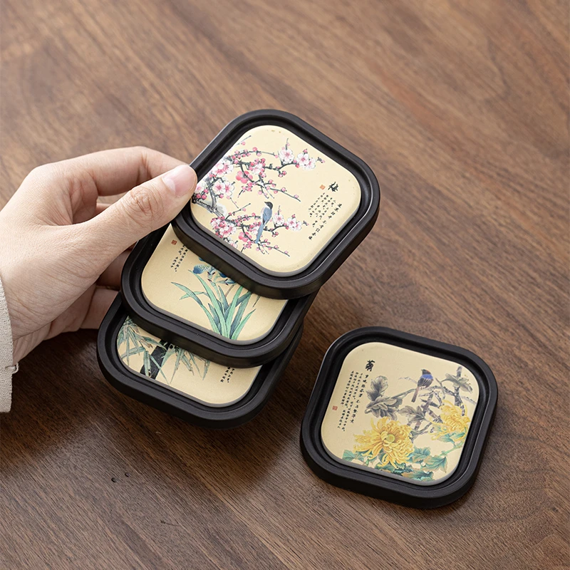 中式速干吸水杯垫方形电木山水杯托创意水墨画功夫茶具带收纳盒装