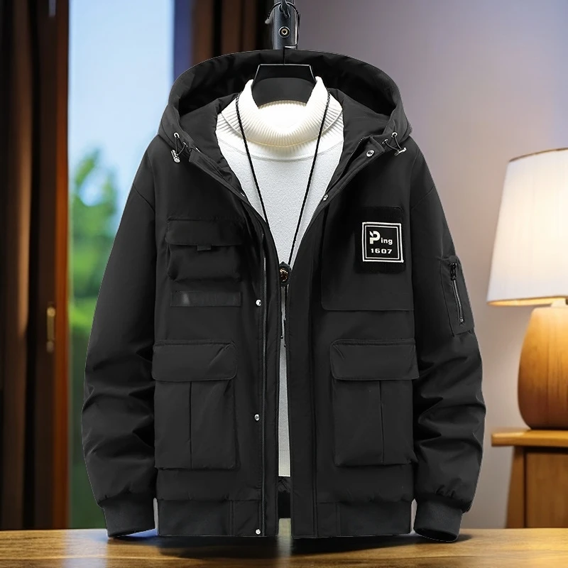 2317反季特卖加肥加大男士工装连帽简约时尚男士棉衣胖子显瘦棉服