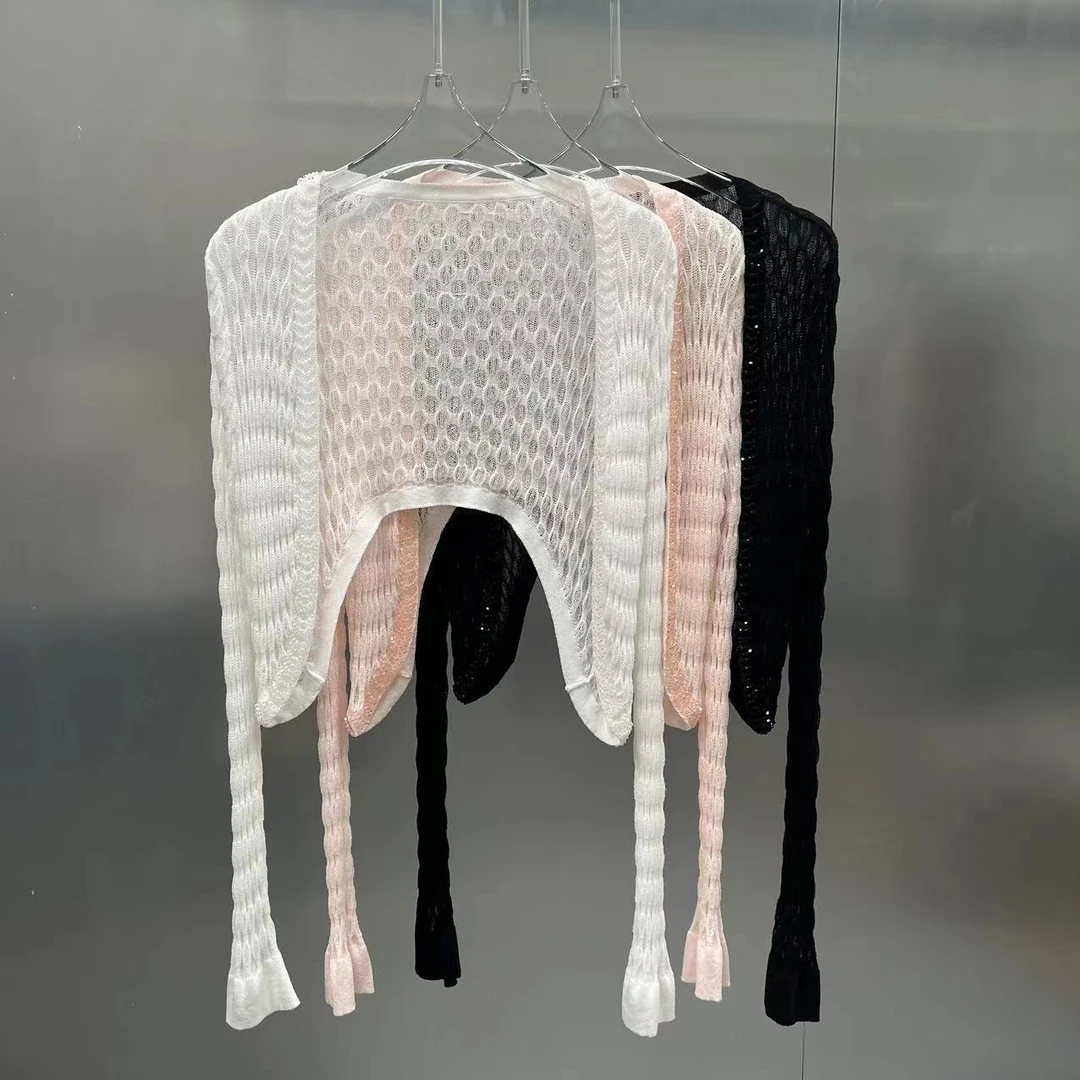 【JMXQ】网红同款渔网纹短款时尚百搭夏季镂空法式设计针织开衫