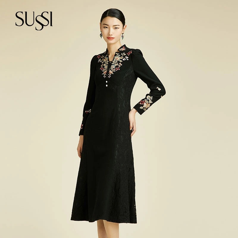 SUSSI/古色【金枝玉叶】黑色原身立领拼蕾丝刺绣礼服连衣裙