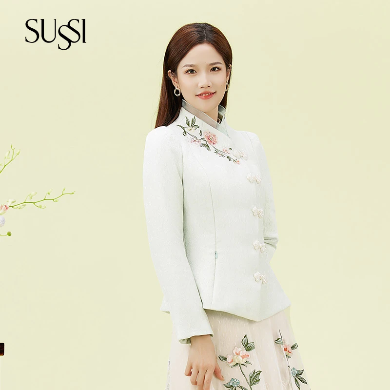 SUSSI/古色冬商场同款浅绿新中式刺绣盘扣棉服外套女