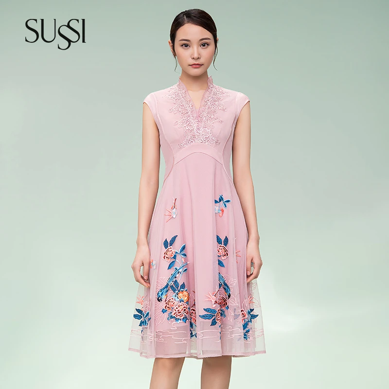 SUSSI/古色【青羽点翠​】粉色无袖刺绣气质温柔刺绣度假穿搭连衣裙