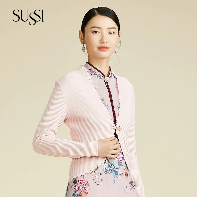 SUSSI/古色【海的女儿】秋季粉色长袖毛衣开衫外套上衣女度假穿搭