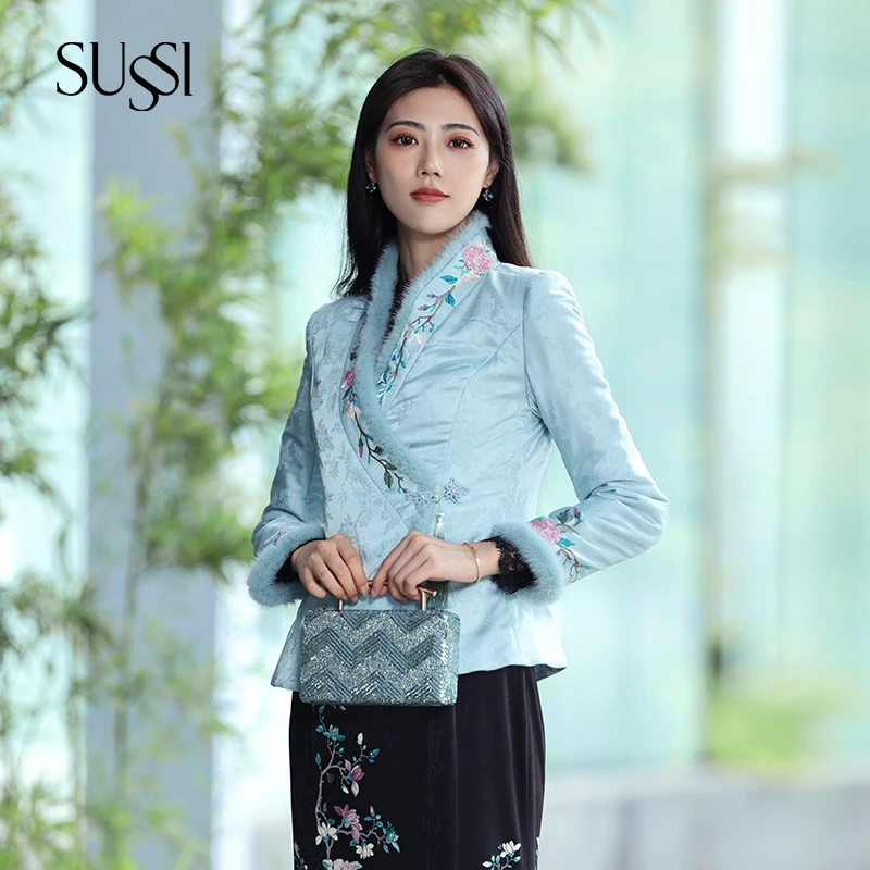 SUSSI/古色秋冬商场同款蓝色新中式毛边提花刺绣棉衣女