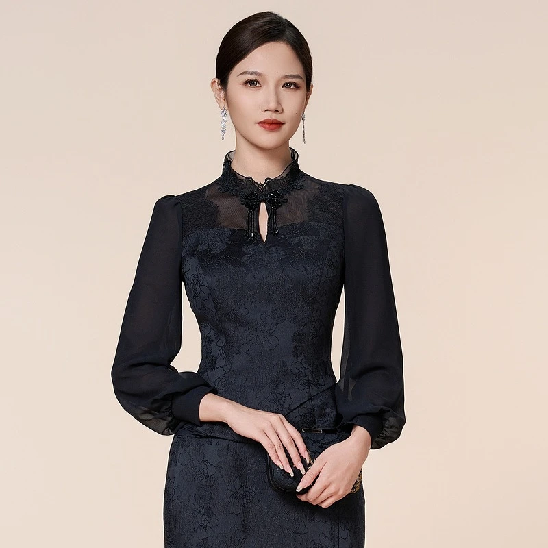 SUSSI/古色立领开水滴灯笼长袖收腰上衣显瘦气质