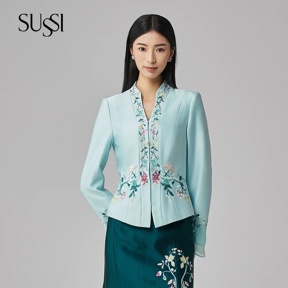 SUSSI/古色蓝色中国风刺绣喇叭袖高级通勤外套女薄荷曼波度假穿搭