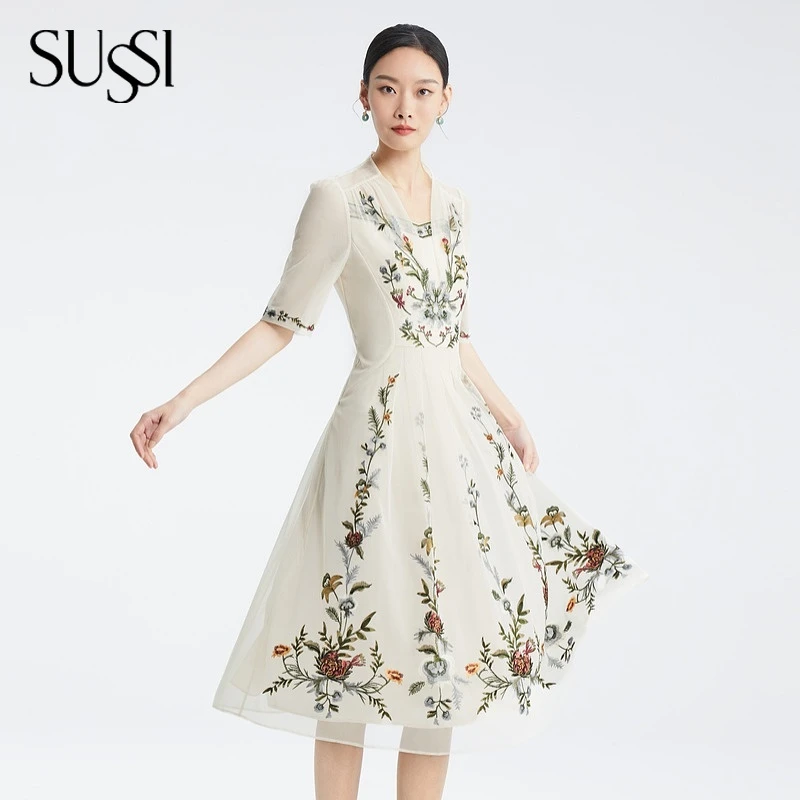 SUSSI/古色【花月影】卡其刺绣淑女气质收腰连衣裙女装