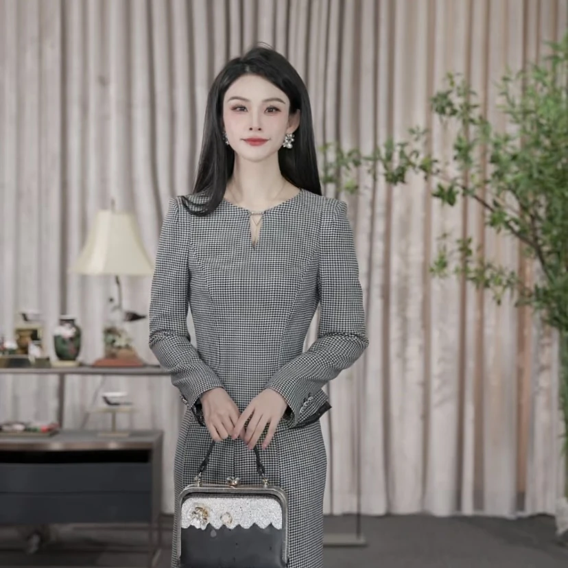 SUSSI/古色【永恒之爱】灰黑千鸟格经典显瘦格子收腰针织女优雅上衣