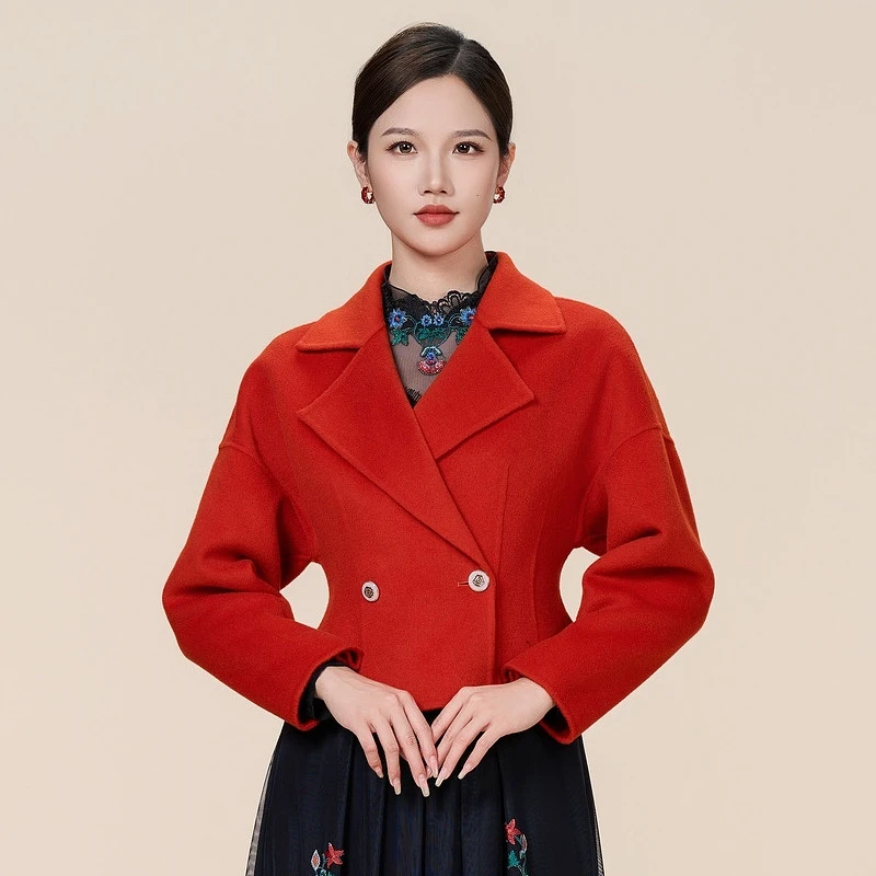 SUSSI/古色原创新中式国风穿搭平驳领斜襟双排扣双面呢外套秋冬款