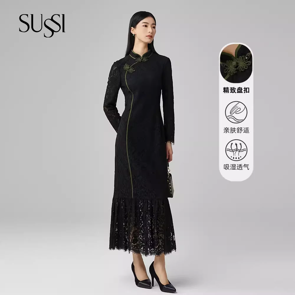 SUSSI/古色24春夏商场同款黑色新中式蕾丝盘扣旗袍连衣裙女
