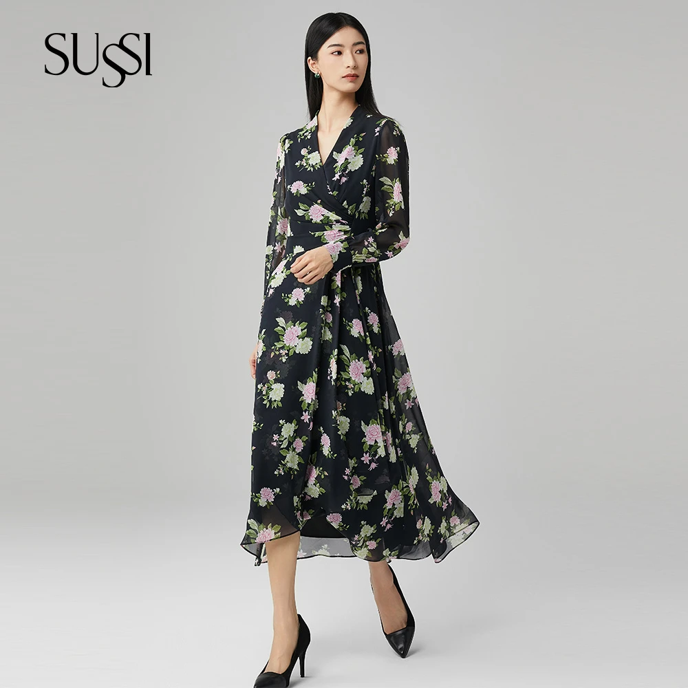 SUSSI/古色黑色V领灯笼袖收腰显瘦印花连衣裙女114AY106324