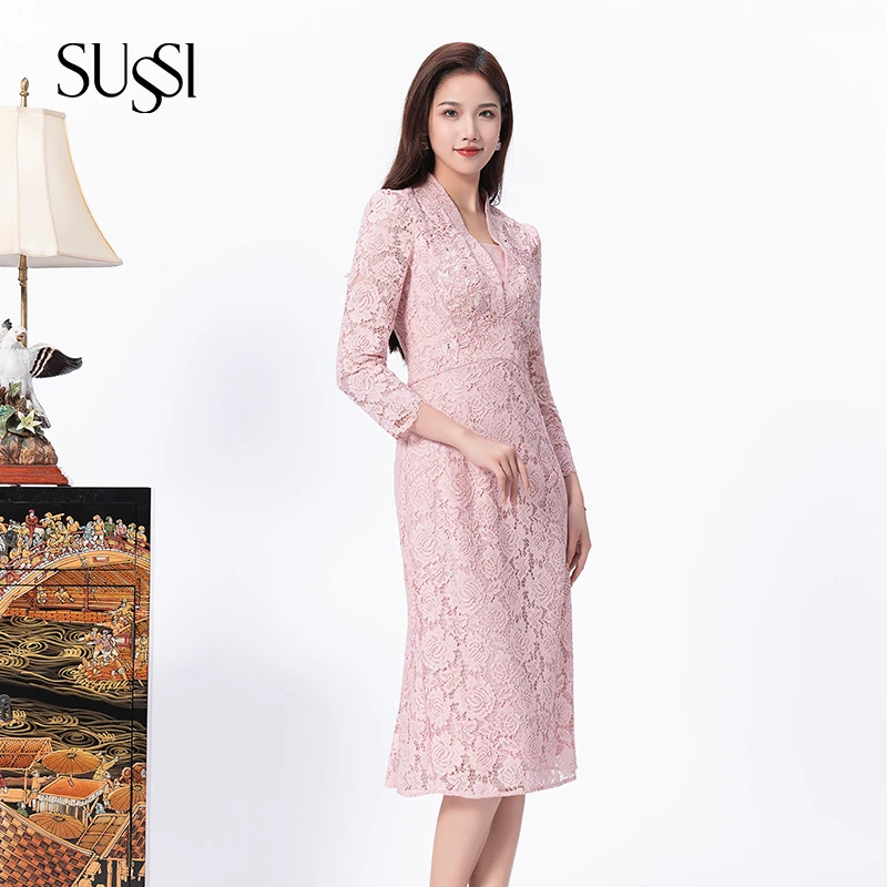 SUSSI/古色24春商场同款粉红色立领镂空蕾丝收腰显高减龄连衣裙女