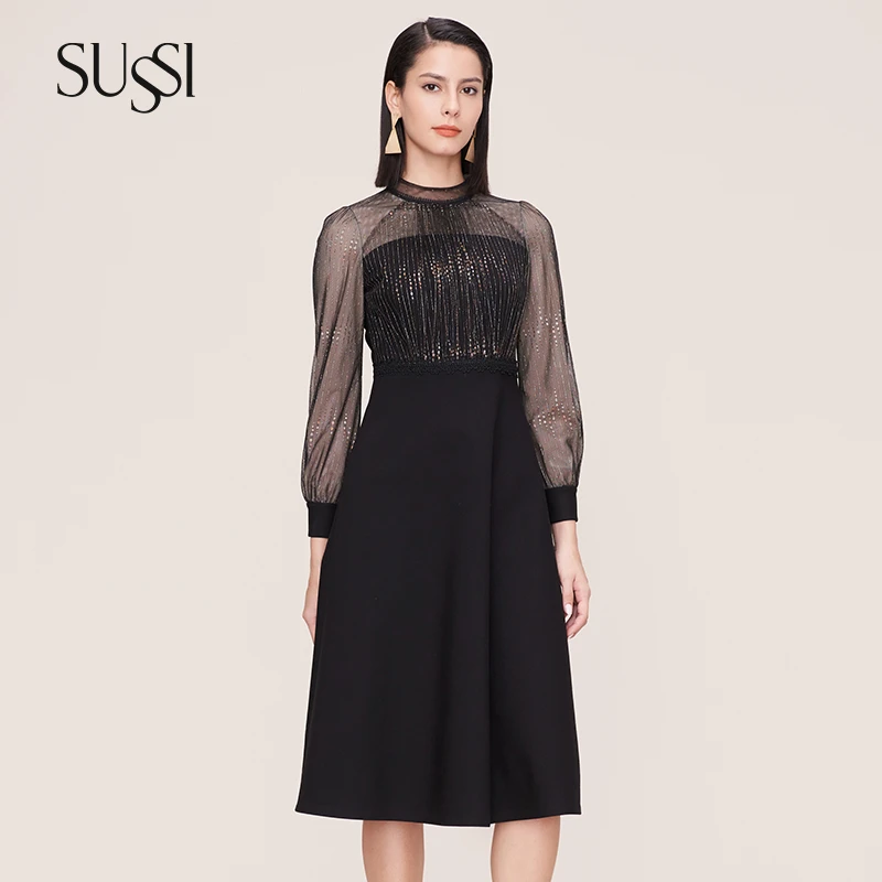 SUSSI/古色24春品商场同款黑色商务通勤丝线立领连衣裙