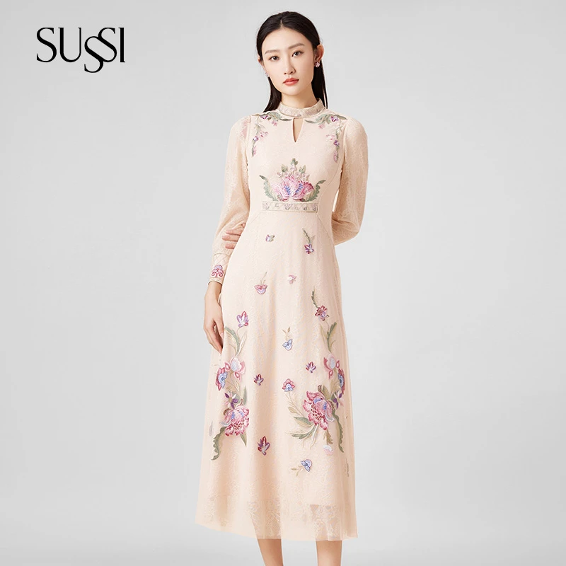 【古色.敦煌】SUSSI/古色春夏季杏色立领刺绣泡袖中式长袖度假穿搭