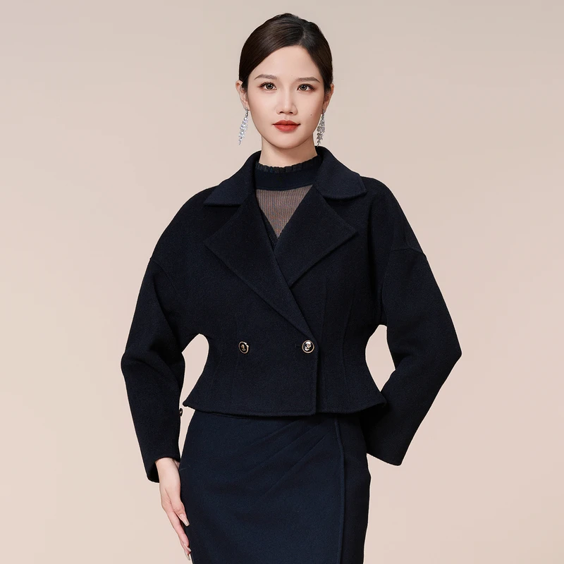 SUSSI/古色秋冬新品平驳领长袖双排扣收腰双面呢外套