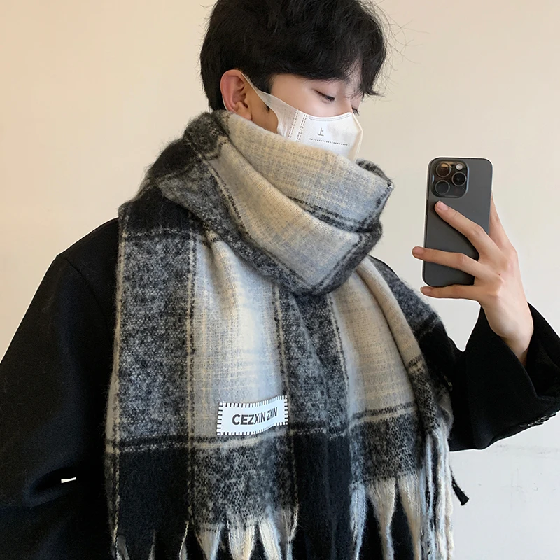 Miss both围巾男冬冬季时尚加厚保暖格子围脖女情侣学生潮流新款