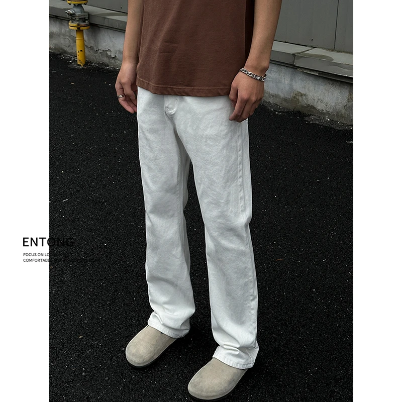 Entong纯白色美式高街vibe高级感修身显瘦微弹力百搭微喇牛仔裤男