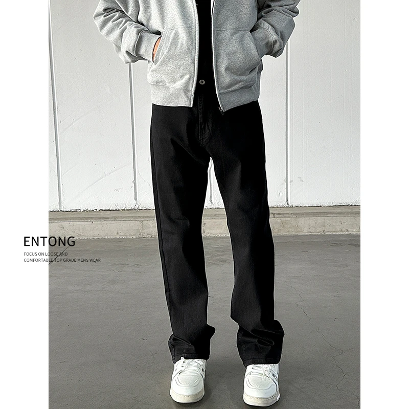 Entong美式复古牛仔裤男高街潮流百搭vibe微喇水洗做旧显瘦长裤子