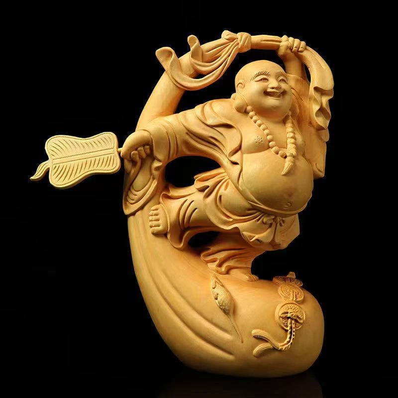 黄杨木雕刻手把件跳舞弥勒家居摆饰木质工艺品佛像摆件节日礼物