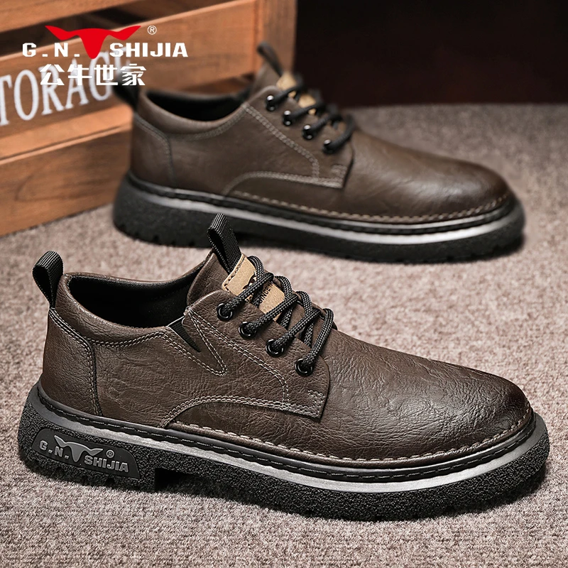 公牛世家2025年英伦风真皮秋冬季低帮工装鞋厚底中帮马丁靴