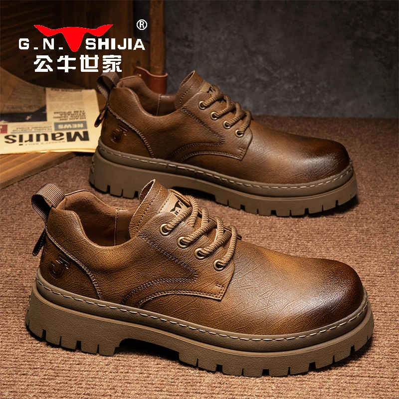 公牛世家2025年新款秋季商务休闲时尚复古黑色百搭厚底耐磨男鞋