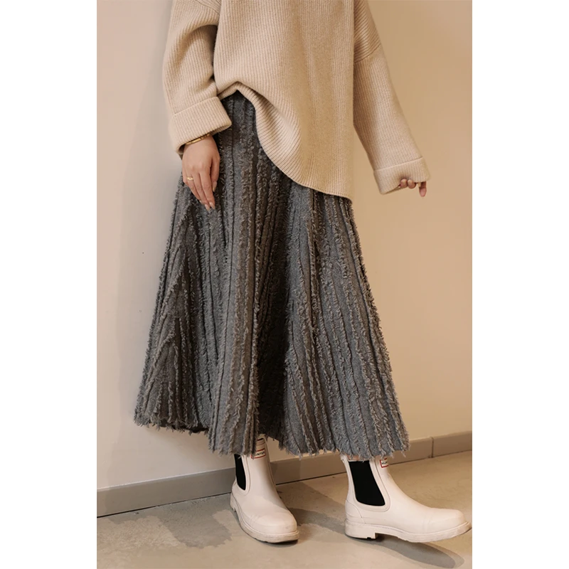 润帛 重磅手工不规则流苏针织半身裙 蓬松加厚山羊绒烂毛边高腰裙