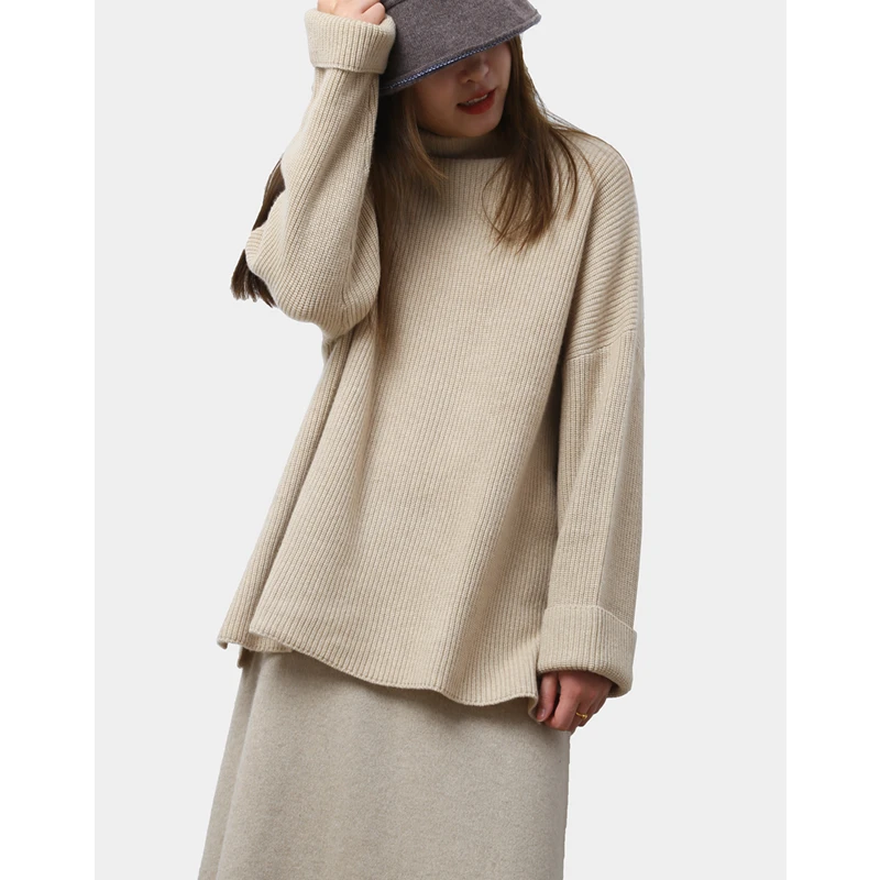 润帛 加厚宽松竖条纹长袖上衣女 简约经典百搭半高领折边长袖套衫