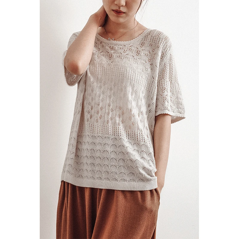 润帛 针织镂空花卉波浪边半袖女 软糯透气田园风上衣薄款